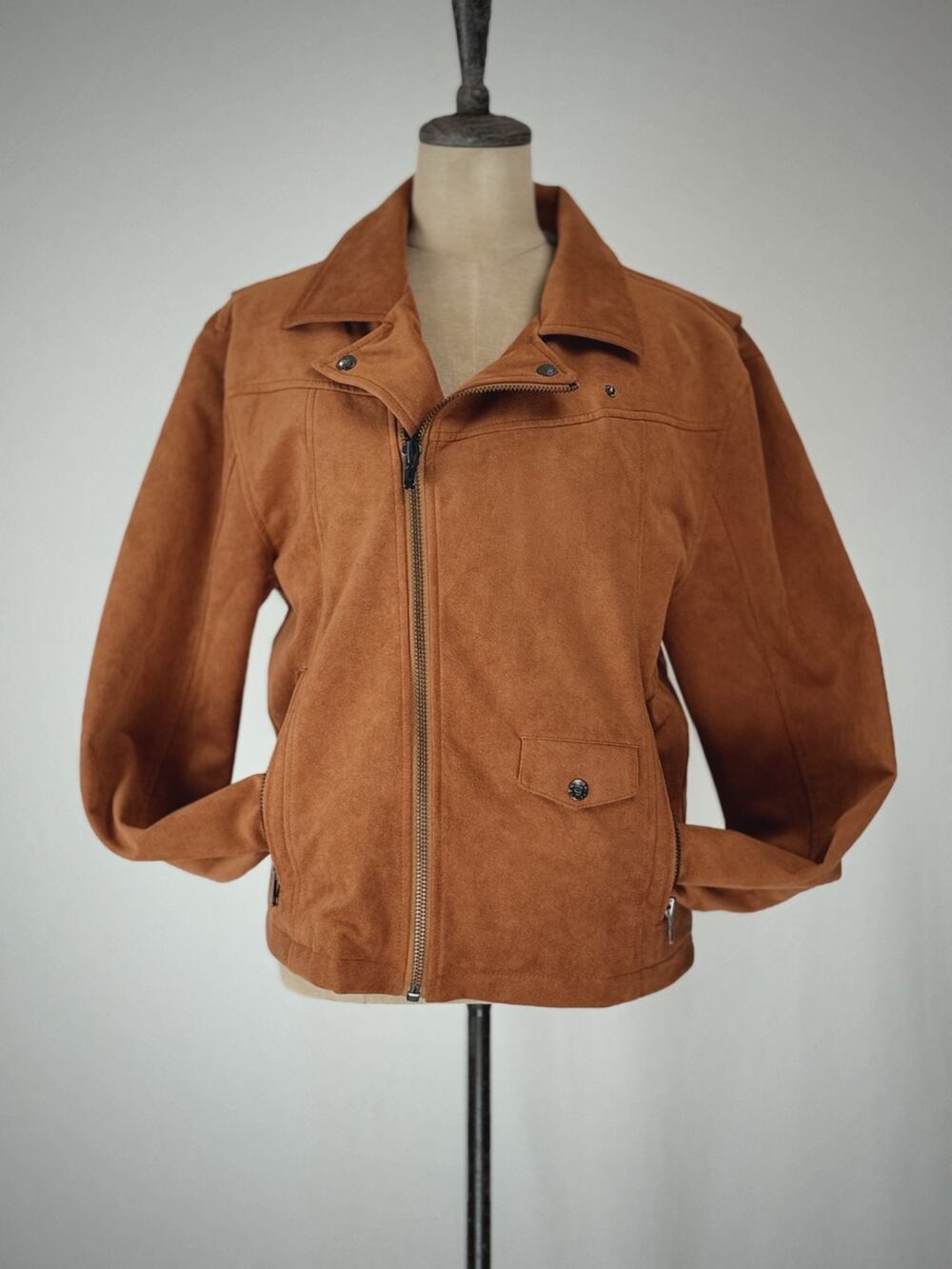 NWT Nifty Genius Burnt Orange Pockets Zip Up Faux Suede Moto Jacket Size M